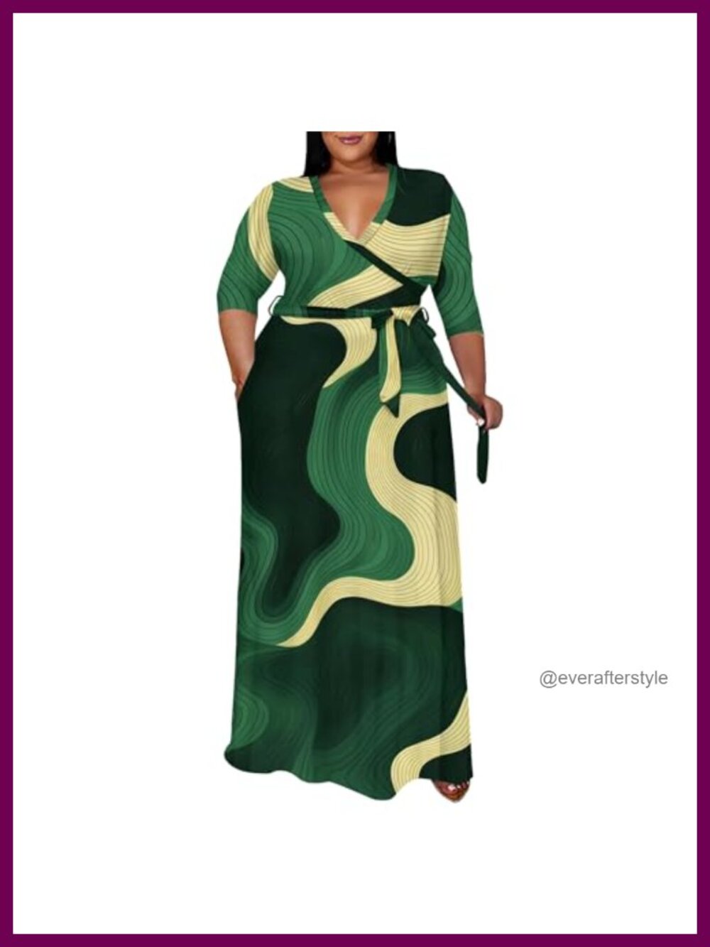 Plus Size Maxi Dress 3/4 Sleeve V-Neck Floral Flowy with Belt